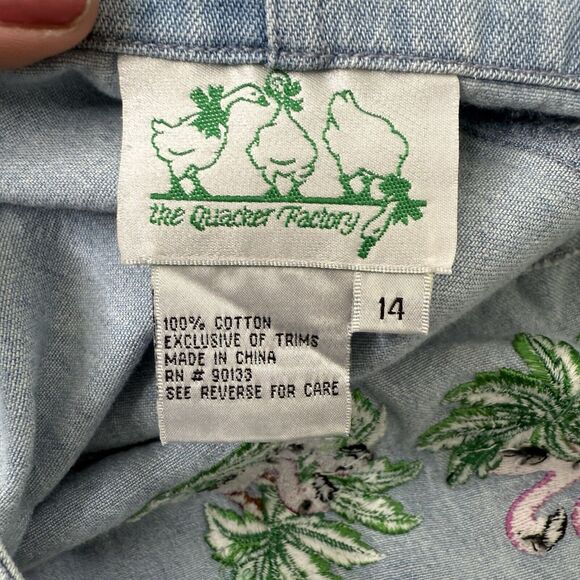 Vtg The Quacker Factory Denim Overall Dress 14 Flamingo Embroidered Midi Pockets - Picture 10 of 11